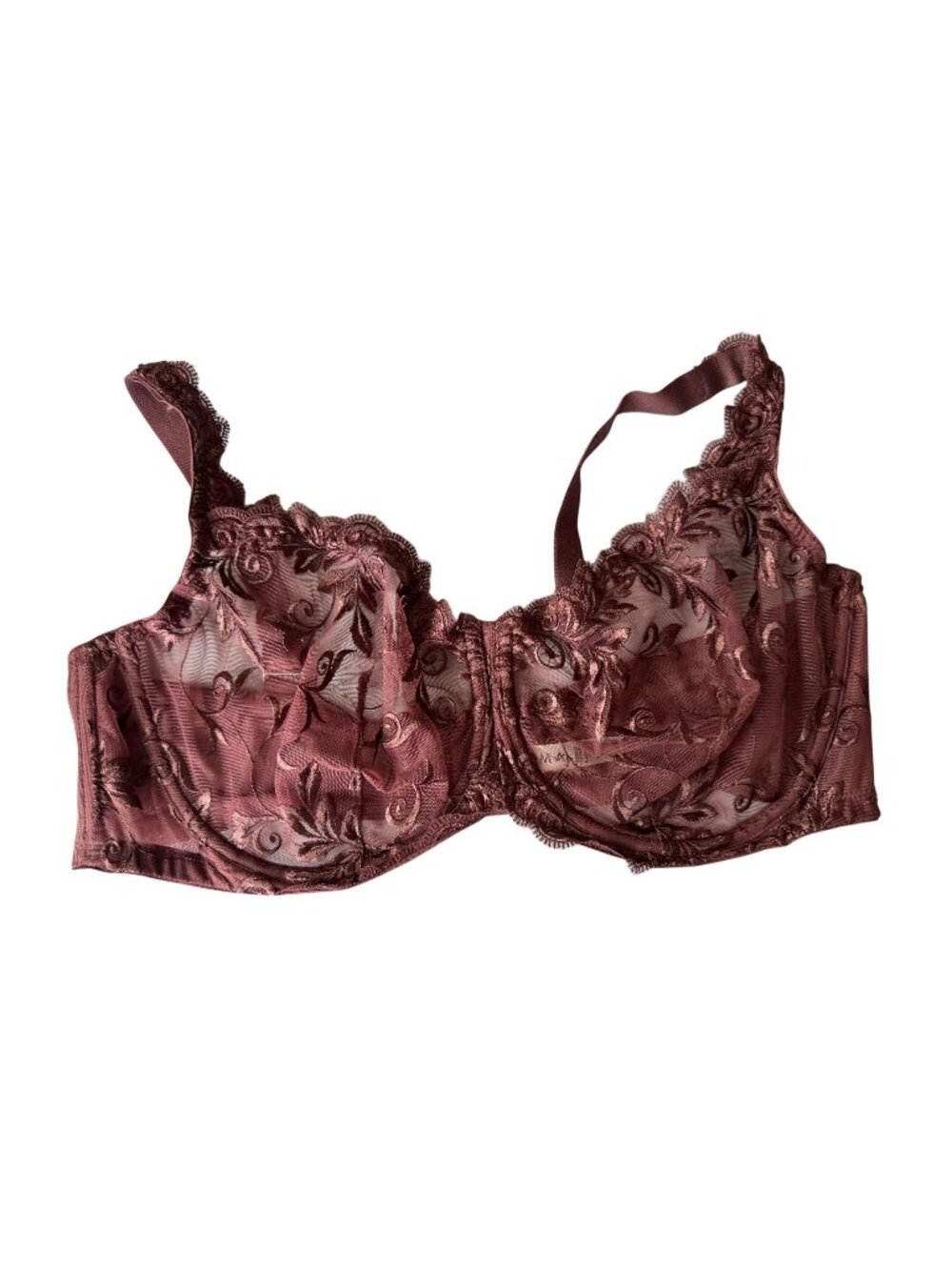 Soma Sensuous Lace Unlined Bra 40DD Underwire Floral Embroidered Sheer Burgundy
